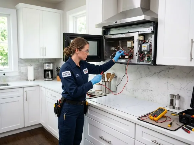 Appliance Repair Hero technician testing an over-the-range microwave in a Bloomington Springs, TN kitchen